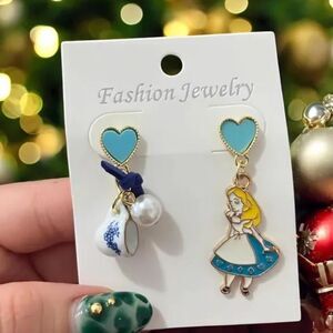 Alice in Wonderland Blue Heart Disney Princess Fairytale Cartoon Teacup Earrings